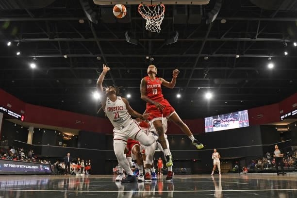 Shavonte Zellous of the Washington Mystics shoots the ball against the Atlanta Dream on June 13, 2021 at Gateway Center Arena in College Park,...