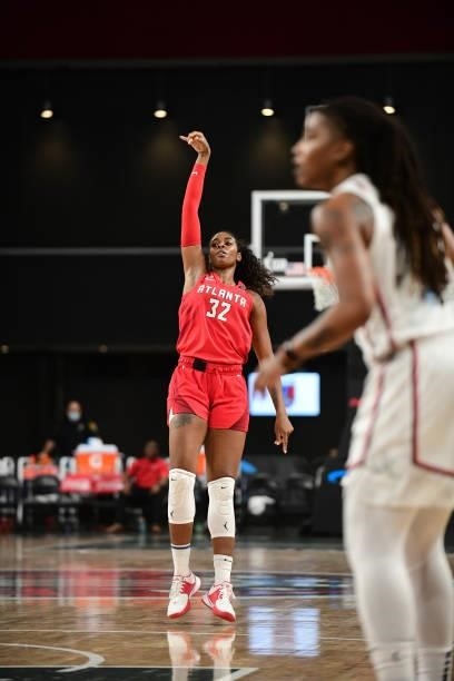 Cheyenne Parker of the Atlanta Dream shoots the ball against the Washington Mystics on June 13, 2021 at Gateway Center Arena in College Park,...