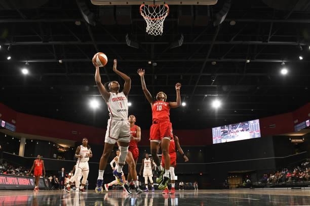 Kiara Leslie of the Washington Mystics drives to the basket against the Atlanta Dream on June 13, 2021 at Gateway Center Arena in College Park,...