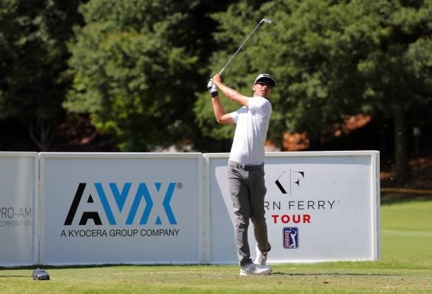 Seth Reeves hits his tee shot on the ninth hole during the final round of the BMW Charity Pro-Am presented by Synnex Corporation at the Thornblade...