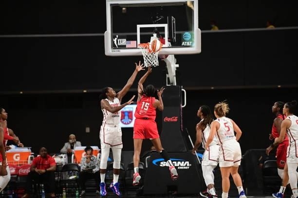 Tiffany Hayes of the Atlanta Dream shoots the ball against the Washington Mystics on June 13, 2021 at Gateway Center Arena in College Park, Georgia....