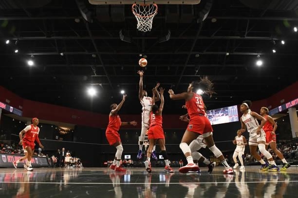 Tina Charles of the Washington Mystics shoots the ball against the Atlanta Dream on June 13, 2021 at Gateway Center Arena in College Park, Georgia....