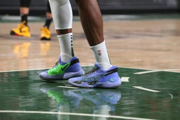 The sneakers worn by Thanasis Antetokounmpo of the Milwaukee Bucks during the game against the Brooklyn Nets during Round 2, Game 4 of the 2021 NBA...