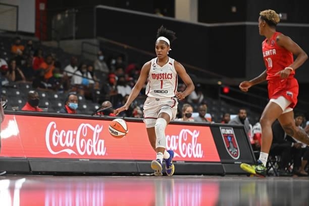 Kiara Leslie of the Washington Mystics dribbles during the game against the Atlanta Dream on June 13, 2021 at Gateway Center Arena in College Park,...