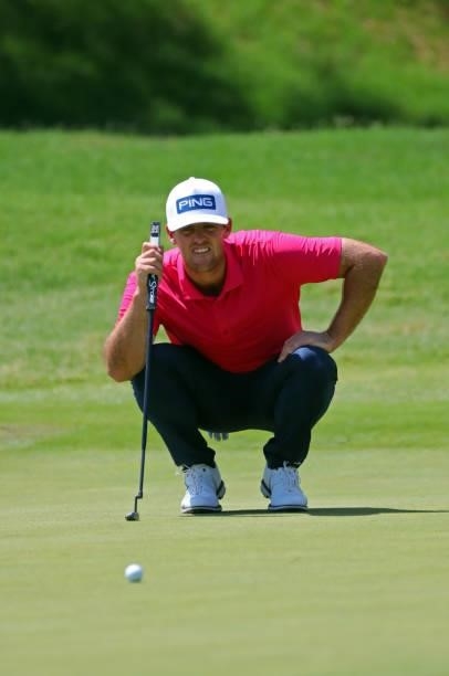 Mito Pereira of Chile lines up a putt on the second hole during the final round of the BMW Charity Pro-Am presented by Synnex Corporation at the...