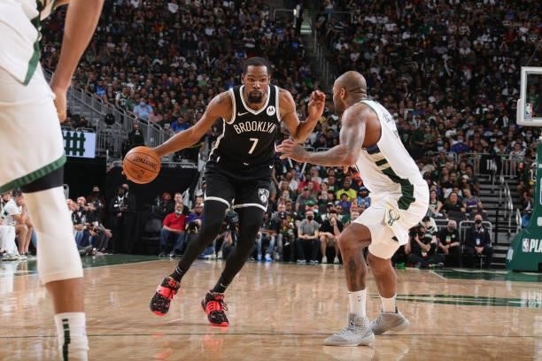 Kevin Durant of the Brooklyn Nets drives to the basket against the Milwaukee Bucks during Round 2, Game 4 of the 2021 NBA Playoffs on June 13 2021 at...