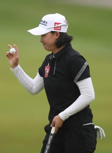 Min Lee of Chinese Taipei acknowledges the crowd after putting on the 2nd hole during the final round of the LPGA Mediheal Championship at Lake...