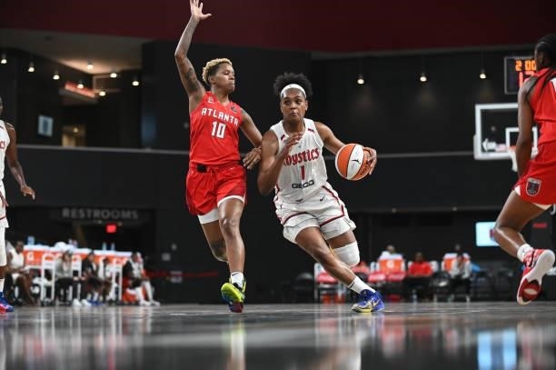 Kiara Leslie of the Washington Mystics drives to the basket against the Atlanta Dream on June 13, 2021 at Gateway Center Arena in College Park,...