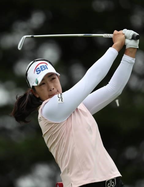 Lim Kim of South Korea hits a shot on the 3rd hole during the final round of the LPGA Mediheal Championship at Lake Merced Golf Club on June 13, 2021...