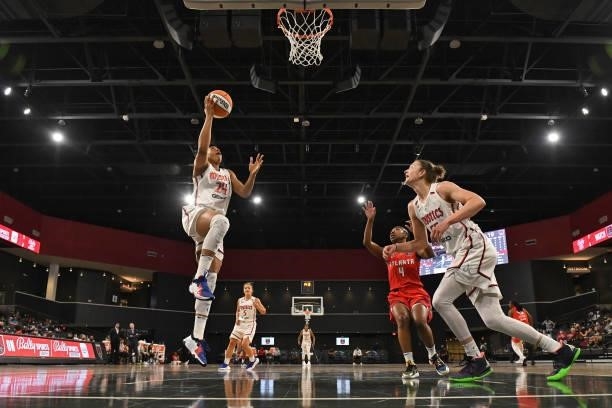 Erica McCall of the Washington Mystics shoots the ball against the Atlanta Dream on June 13, 2021 at Gateway Center Arena in College Park, Georgia....