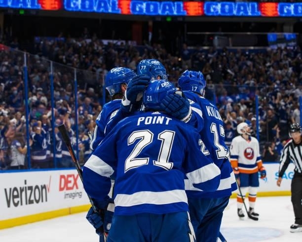 Brayden Point of the Tampa Bay Lightning celebrates his goal with teammates Steven Stamkos, Victor Hedman, and Alex Killorn against the New York...