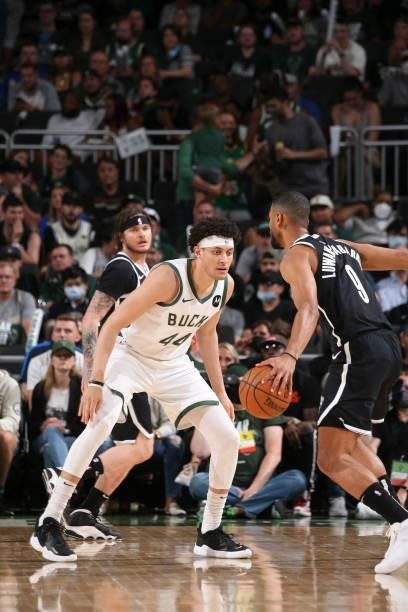Justin Jackson of the Milwaukee Bucks plays defense during the game against the Brooklyn Nets during Round 2, Game 4 of the 2021 NBA Playoffs on June...