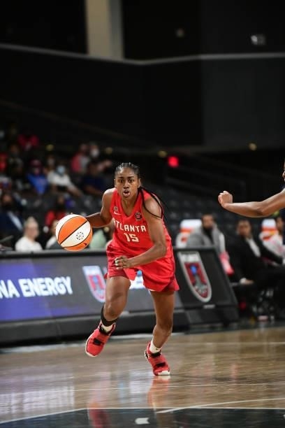Tiffany Hayes of the Atlanta Dream drives to the basket against the Washington Mystics on June 13, 2021 at Gateway Center Arena in College Park,...