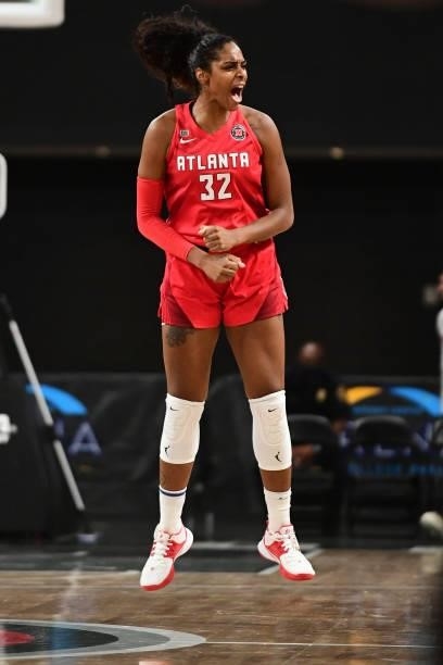 Cheyenne Parker of the Atlanta Dream celebrates during the game against the Washington Mystics on June 13, 2021 at Gateway Center Arena in College...