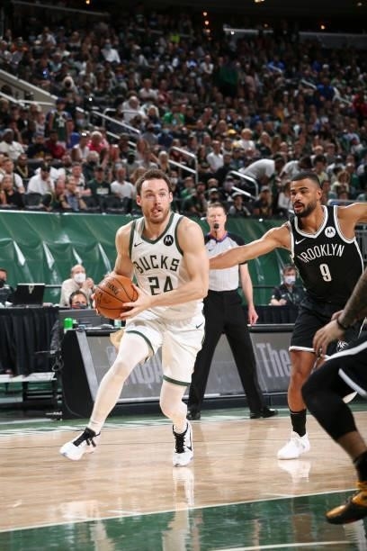 Pat Connaughton of the Milwaukee Bucks drives to the basket during the game against the Brooklyn Nets during Round 2, Game 4 of the 2021 NBA Playoffs...