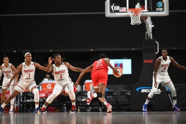 Tiffany Hayes of the Atlanta Dream drives to the basket against the Washington Mystics on June 13, 2021 at Gateway Center Arena in College Park,...