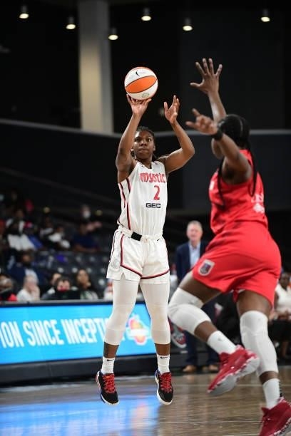 Natisha Hiedeman of the Connecticut Sun shoots the ball against the Atlanta Dream on June 13, 2021 at Gateway Center Arena in College Park, Georgia....
