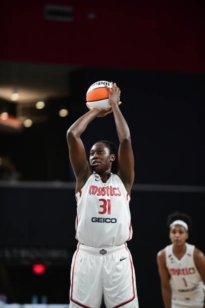 Tina Charles of the Washington Mystics shoots a free throw during the game against the Atlanta Dream on June 13, 2021 at Gateway Center Arena in...
