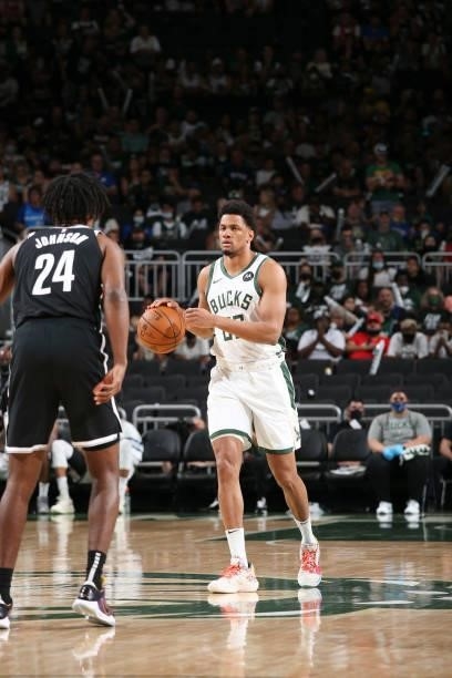 Axel Toupane of the Milwaukee Bucks handles the ball during the game against the Brooklyn Nets during Round 2, Game 4 of the 2021 NBA Playoffs on...