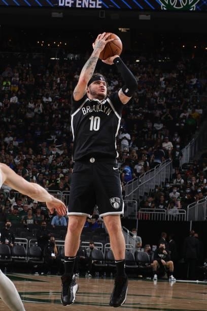 Tyler Johnson of the Brooklyn Nets shoots the ball against the Milwaukee Bucks during Round 2, Game 4 of the 2021 NBA Playoffs on June 13 2021 at the...