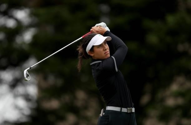Albane Valenzuela of Switzerland hits a shot on the 3rd hole during the final round of the LPGA Mediheal Championship at Lake Merced Golf Club on...