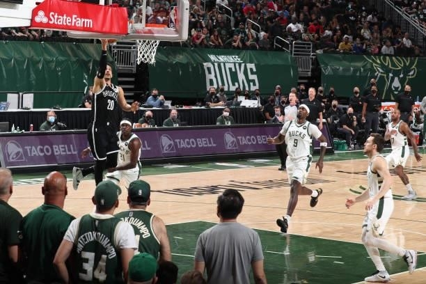 Landry Shamet of the Brooklyn Nets shoots the ball against the Milwaukee Bucks during Round 2, Game 4 of the 2021 NBA Playoffs on June 13 2021 at the...