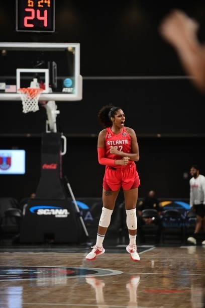 Cheyenne Parker of the Atlanta Dream celebrates during the game against the Washington Mystics on June 13, 2021 at Gateway Center Arena in College...
