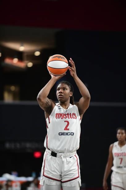 Natisha Hiedeman of the Connecticut Sun shoots a free throw against the Atlanta Dream on June 13, 2021 at Gateway Center Arena in College Park,...