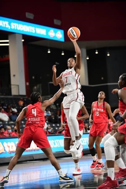 Ariel Atkins of the Washington Mystics shoots the ball against the Atlanta Dream on June 13, 2021 at Gateway Center Arena in College Park, Georgia....
