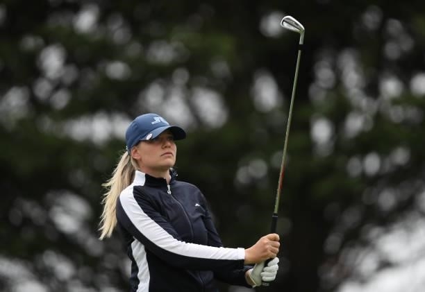 Matilda Castren of Finland hits a shot on the 3rd hole during the final round of the LPGA Mediheal Championship at Lake Merced Golf Club on June 13,...