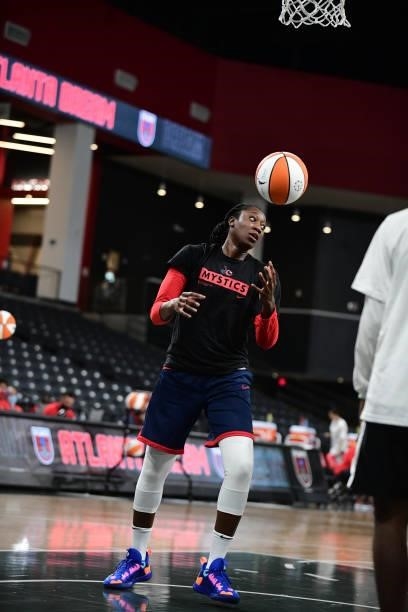 Tina Charles of the Washington Mystics warms up before the game against the Atlanta Dream on June 13, 2021 at Gateway Center Arena in College Park,...