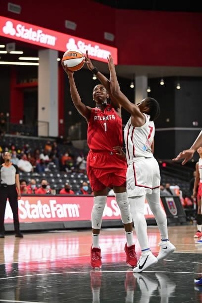 Elizabeth Williams of the Atlanta Dream drives to the basket against the Washington Mystics on June 13, 2021 at Gateway Center Arena in College Park,...