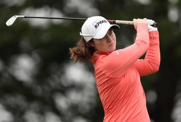 Leona Maguire of Ireland hits a shot on the 3rd hole hole during the final round of the LPGA Mediheal Championship at Lake Merced Golf Club on June...