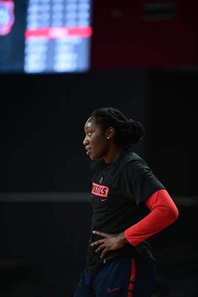Tina Charles of the Washington Mystics looks on before the game against the Atlanta Dream on June 13, 2021 at Gateway Center Arena in College Park,...