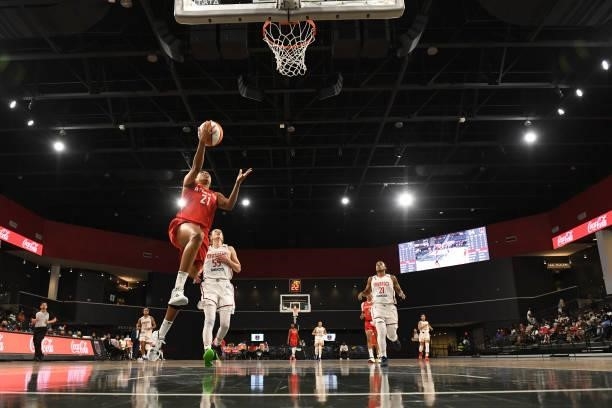 Tianna Hawkins of the Atlanta Dream drives to the basket against the Washington Mystics on June 13, 2021 at Gateway Center Arena in College Park,...