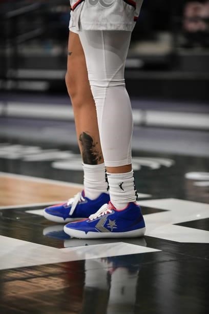 The sneakers worn by Natasha Cloud of the Washington Mystics during the game against the Atlanta Dream on June 13, 2021 at Gateway Center Arena in...