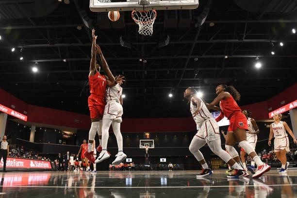 Elizabeth Williams of the Atlanta Dream shoots the ball against the Washington Mystics on June 13, 2021 at Gateway Center Arena in College Park,...