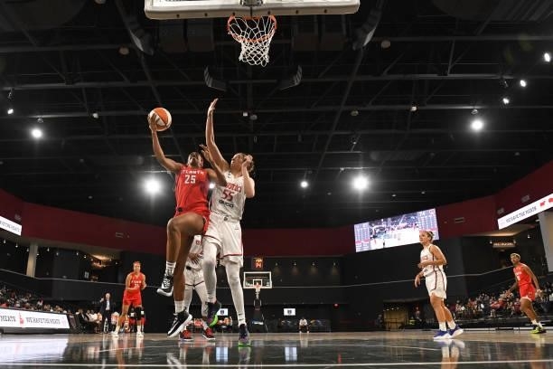 Monique Billings of the Atlanta Dream drives to the basket against the Washington Mystics on June 13, 2021 at Gateway Center Arena in College Park,...