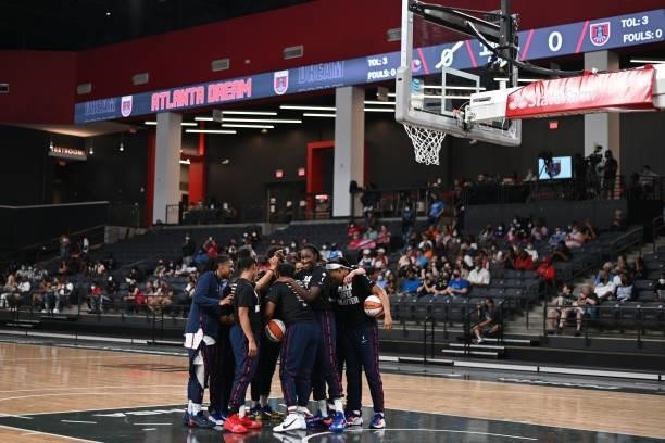 The Washington Mystics huddle up before the game against the Atlanta Dream on June 13, 2021 at Gateway Center Arena in College Park, Georgia. NOTE TO...