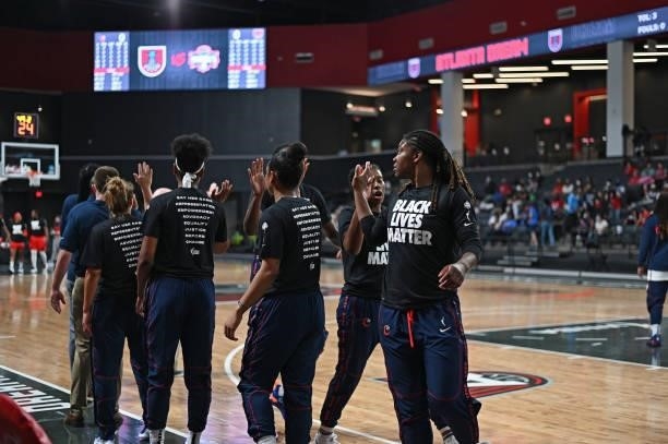 The Washington Mystics warms up before the game against the Atlanta Dream on June 13, 2021 at Gateway Center Arena in College Park, Georgia. NOTE TO...