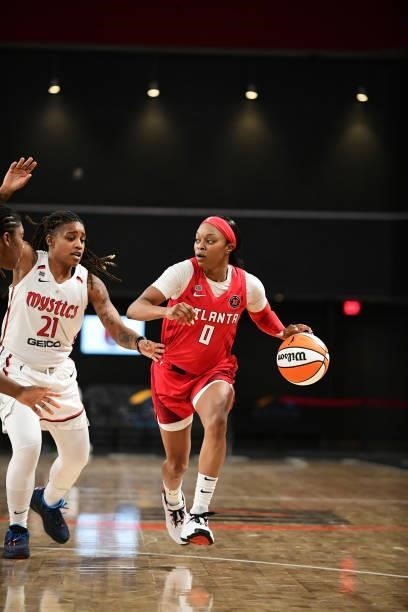 Odyssey Sims of the Atlanta Dream drives to the basket against the Washington Mystics on June 13, 2021 at Gateway Center Arena in College Park,...