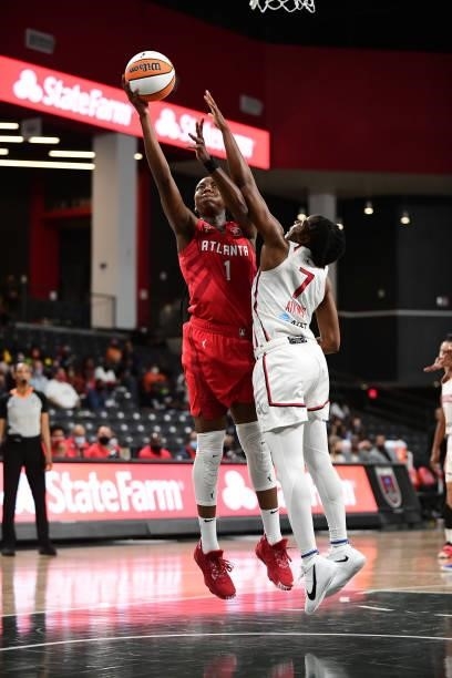Elizabeth Williams of the Atlanta Dream drives to the basket against the Washington Mystics on June 13, 2021 at Gateway Center Arena in College Park,...