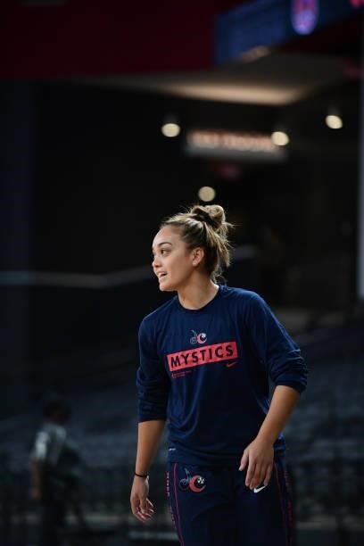 Leilani Mitchell of the Washington Mystics warms up before the game against the Atlanta Dream on June 13, 2021 at Gateway Center Arena in College...