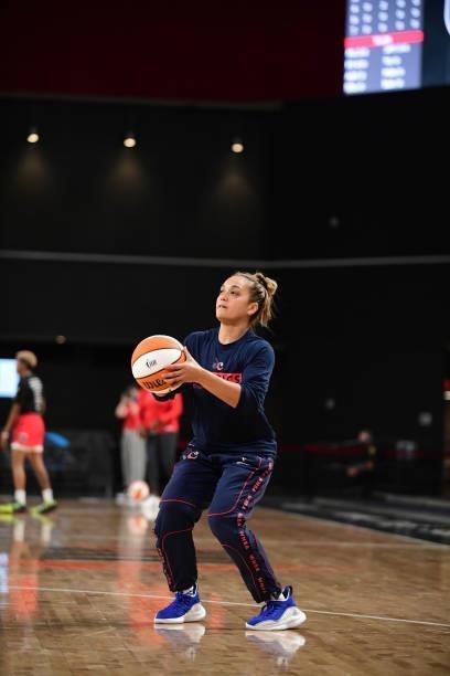 Leilani Mitchell of the Washington Mystics warms up before the game against the Atlanta Dream on June 13, 2021 at Gateway Center Arena in College...