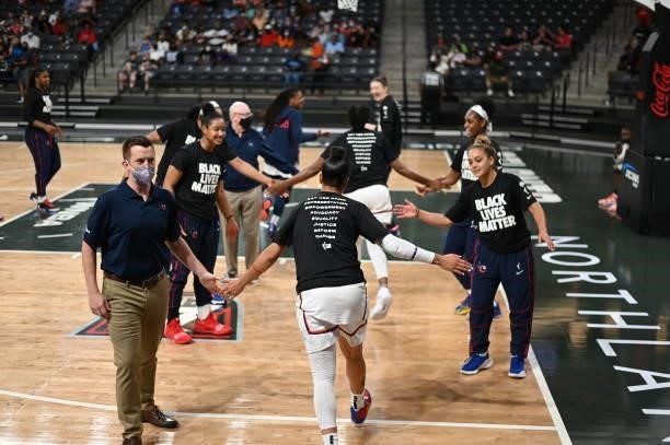 The Washington Mystics warms up before the game against the Atlanta Dream on June 13, 2021 at Gateway Center Arena in College Park, Georgia. NOTE TO...