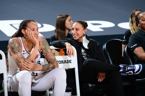 Brittney Griner and Diana Taurasi of the Phoenix Mercury smile during the game against the New York Liberty on June 13, 2021 at Phoenix Suns Arena in...