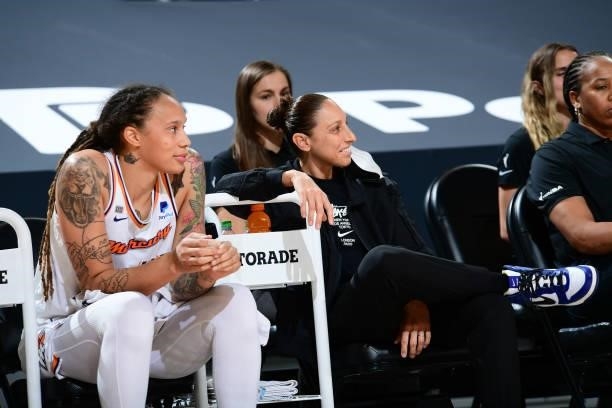 Brittney Griner and Diana Taurasi of the Phoenix Mercury smile during the game against the New York Liberty on June 13, 2021 at Phoenix Suns Arena in...