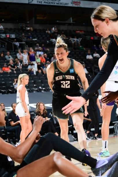 Sami Whitcomb of the New York Liberty reacts to a play during the game against the Phoenix Mercury on June 13, 2021 at Phoenix Suns Arena in Phoenix,...