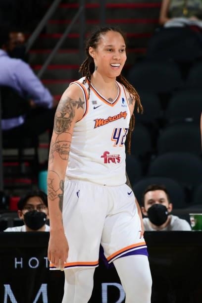 Brittney Griner of the Phoenix Mercury smiles during the game against the New York Liberty on June 13, 2021 at Phoenix Suns Arena in Phoenix,...