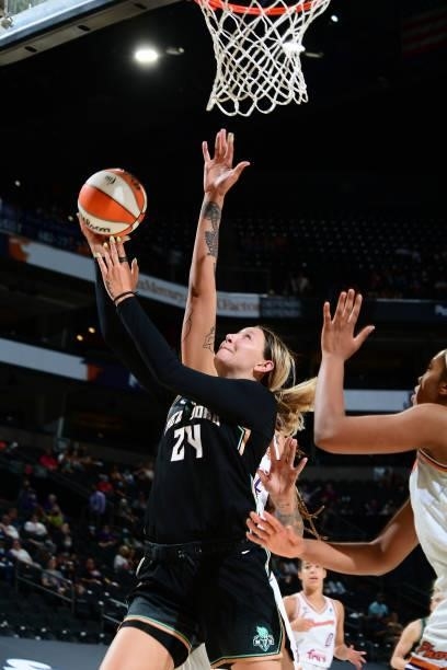 Kylee Shook of the New York Liberty shoots the ball against the Phoenix Mercury on June 13, 2021 at Phoenix Suns Arena in Phoenix, Arizona. NOTE TO...